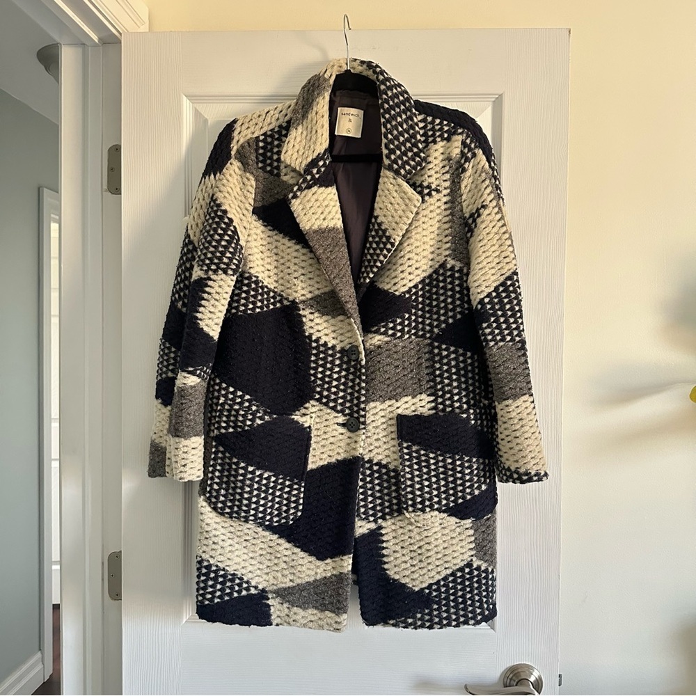 Size M (36) Sandwich Women’s Geometric Patchwork Wool Blend Coat Navy Cream Grey - Picture 2 of 5